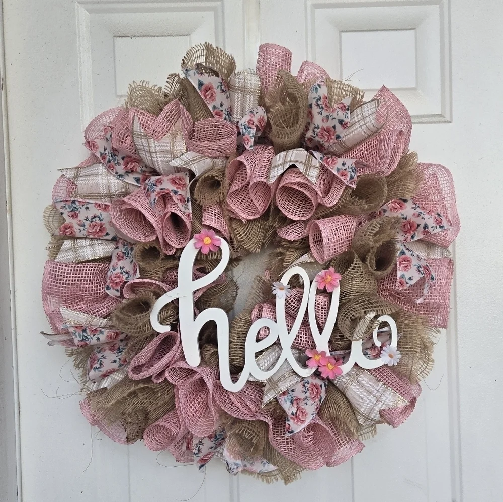 Handmade Pink and tan deco mesh wreath with hello sign spring front door wreath